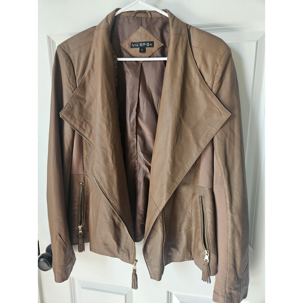 Women's Via Spiga Leather Jacket Tassel Accents (L) Spring Fall Fashion - Defect